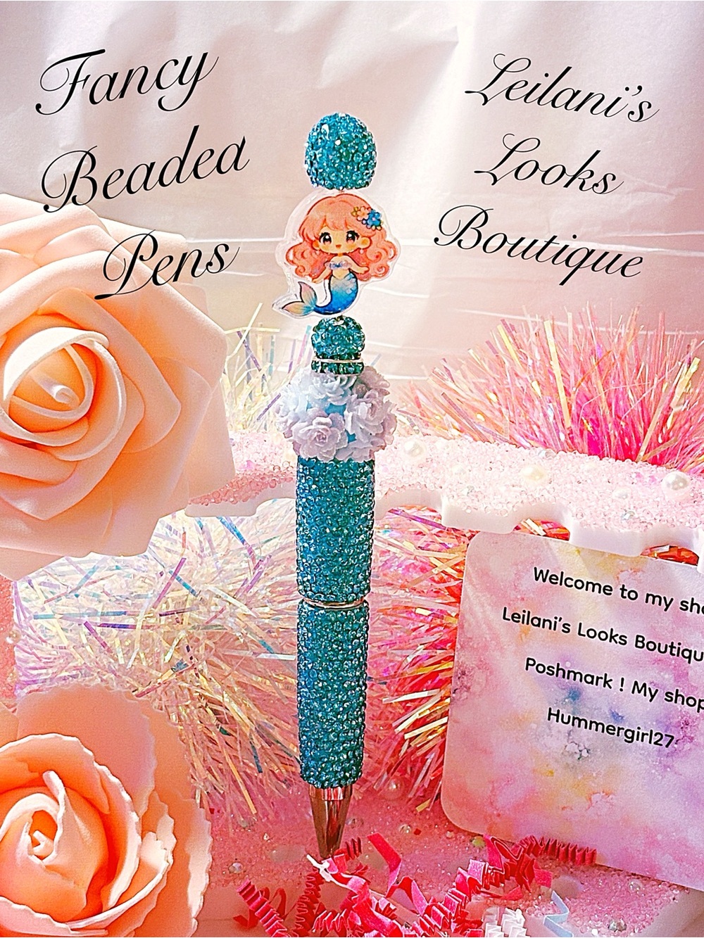 Turquoise Beaded Mermaid Pen/
 Fancy beaded Pen/gifts/flowers beads